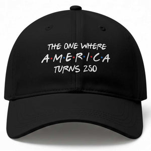 The One Where America Turns 250 Funny Sitcom Parody Baseball Cap Red White and Blue Dots Retro TV Show Semiquincentennial