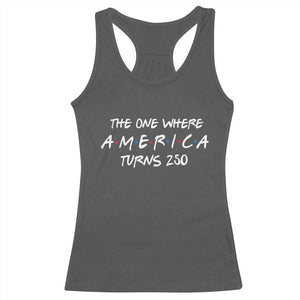 The One Where America Turns 250 Funny Sitcom Parody Racerback Tank Top Red White and Blue Dots Retro TV Show Semiquincentennial