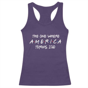 The One Where America Turns 250 Funny Sitcom Parody Racerback Tank Top Red White and Blue Dots Retro TV Show Semiquincentennial