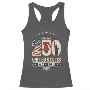250 Years of Freedom Liberty Bell and Statue of Liberty Graphic Racerback Tank Top 1776 2026 US Pride American Flag Graphic Emblem