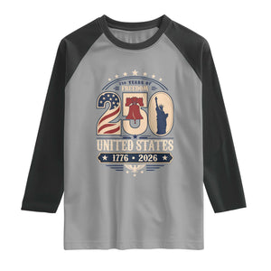 250 Years of Freedom Liberty Bell and Statue of Liberty Graphic Raglan Shirt 1776 2026 US Pride American Flag Graphic Emblem