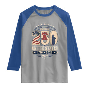 250 Years of Freedom Liberty Bell and Statue of Liberty Graphic Raglan Shirt 1776 2026 US Pride American Flag Graphic Emblem