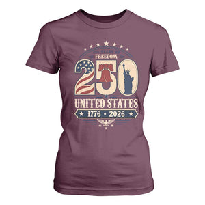 250 Years of Freedom Liberty Bell and Statue of Liberty Graphic T Shirt For Women 1776 2026 US Pride American Flag Graphic Emblem
