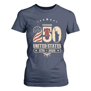 250 Years of Freedom Liberty Bell and Statue of Liberty Graphic T Shirt For Women 1776 2026 US Pride American Flag Graphic Emblem