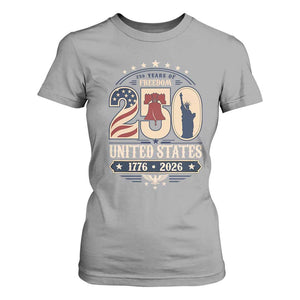 250 Years of Freedom Liberty Bell and Statue of Liberty Graphic T Shirt For Women 1776 2026 US Pride American Flag Graphic Emblem