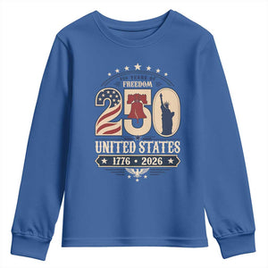 250 Years of Freedom Liberty Bell and Statue of Liberty Graphic Youth Sweatshirt 1776 2026 US Pride American Flag Graphic Emblem