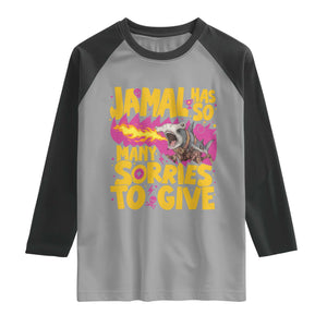 Jamal Has So Many Sorries To Give Raglan Shirt Funny Fire Breathing Hammerhead Shark Gamer