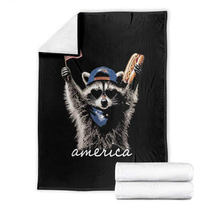 Funny America Raccoon Happy 4th of July Throw Blanket Holding Hotdog and US Flag Patriotic Graphic