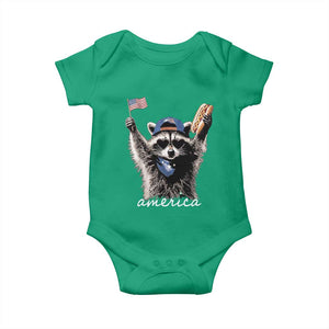 Funny America Raccoon Happy 4th of July Baby Onesie Holding Hotdog and US Flag Patriotic Graphic