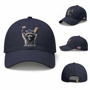 Funny America Raccoon Happy 4th of July Baseball Cap Holding Hotdog and US Flag Patriotic Graphic