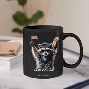Funny America Raccoon Happy 4th of July Coffee Mug Holding Hotdog and US Flag Patriotic Graphic TS02 Print Your Wear