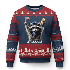 Funny America Raccoon Happy 4th of July Ugly Christmas Sweater Holding Hotdog and US Flag Patriotic Graphic