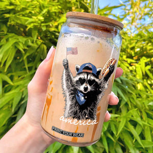 Funny America Raccoon Happy 4th of July Glass Can Holding Hotdog and US Flag Patriotic Graphic TS02 Black Print Your Wear