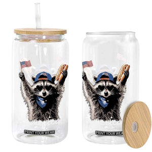Funny America Raccoon Happy 4th of July Glass Can Holding Hotdog and US Flag Patriotic Graphic TS02 Print Your Wear