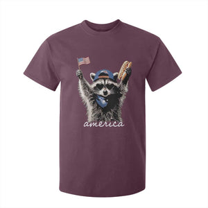 Funny America Raccoon Happy 4th of July T Shirt For Kid Holding Hotdog and US Flag Patriotic Graphic