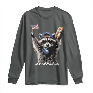 Funny America Raccoon Happy 4th of July Long Sleeve Shirt Holding Hotdog and US Flag Patriotic Graphic