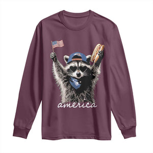 Funny America Raccoon Happy 4th of July Long Sleeve Shirt Holding Hotdog and US Flag Patriotic Graphic