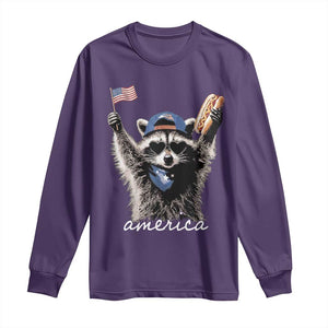 Funny America Raccoon Happy 4th of July Long Sleeve Shirt Holding Hotdog and US Flag Patriotic Graphic