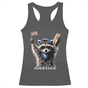 Funny America Raccoon Happy 4th of July Racerback Tank Top Holding Hotdog and US Flag Patriotic Graphic