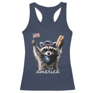 Funny America Raccoon Happy 4th of July Racerback Tank Top Holding Hotdog and US Flag Patriotic Graphic
