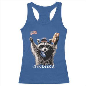 Funny America Raccoon Happy 4th of July Racerback Tank Top Holding Hotdog and US Flag Patriotic Graphic