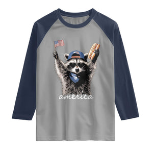 Funny America Raccoon Happy 4th of July Raglan Shirt Holding Hotdog and US Flag Patriotic Graphic