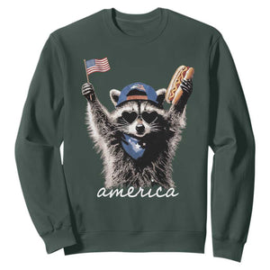 Funny America Raccoon Happy 4th of July Sweatshirt Holding Hotdog and US Flag Patriotic Graphic