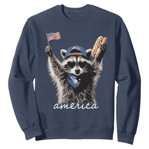 Funny America Raccoon Happy 4th of July Sweatshirt Holding Hotdog and US Flag Patriotic Graphic