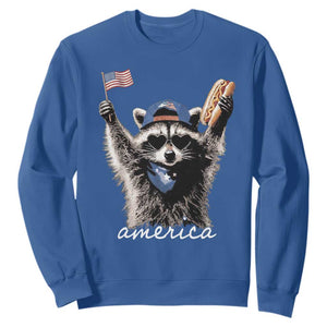 Funny America Raccoon Happy 4th of July Sweatshirt Holding Hotdog and US Flag Patriotic Graphic