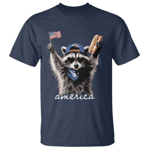 Funny America Raccoon Happy 4th of July T Shirt Holding Hotdog and US Flag Patriotic Graphic