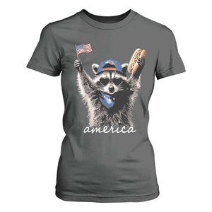 Funny America Raccoon Happy 4th of July T Shirt For Women Holding Hotdog and US Flag Patriotic Graphic