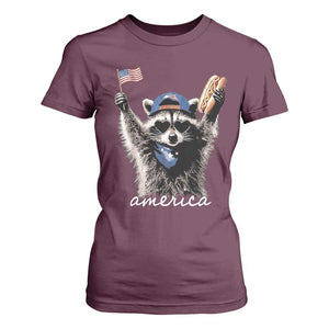 Funny America Raccoon Happy 4th of July T Shirt For Women Holding Hotdog and US Flag Patriotic Graphic