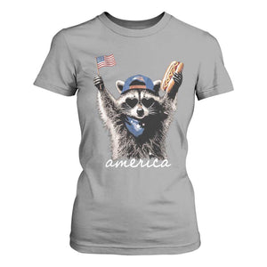 Funny America Raccoon Happy 4th of July T Shirt For Women Holding Hotdog and US Flag Patriotic Graphic