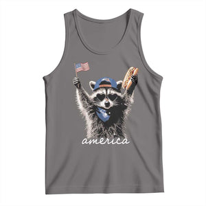 Funny America Raccoon Happy 4th of July Tank Top Holding Hotdog and US Flag Patriotic Graphic
