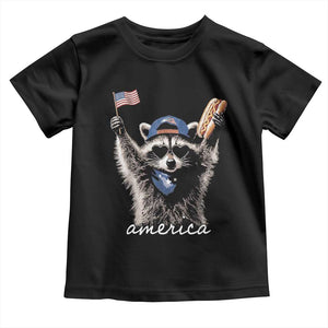 Funny America Raccoon Happy 4th of July Toddler T Shirt Holding Hotdog and US Flag Patriotic Graphic