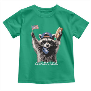 Funny America Raccoon Happy 4th of July Toddler T Shirt Holding Hotdog and US Flag Patriotic Graphic
