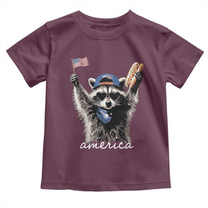 Funny America Raccoon Happy 4th of July Toddler T Shirt Holding Hotdog and US Flag Patriotic Graphic