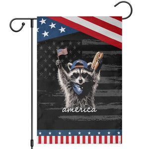 Funny America Raccoon Happy 4th of July Patriotic Garden Flag Holding Hotdog and US Flag Graphic