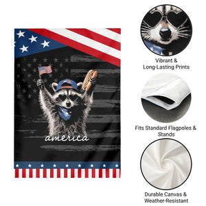 Funny America Raccoon Happy 4th of July Patriotic Garden Flag Holding Hotdog and US Flag Graphic