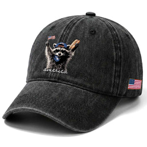 Funny America Raccoon Happy 4th of July Washed Cotton Baseball Cap Holding Hotdog and US Flag Patriotic Graphic