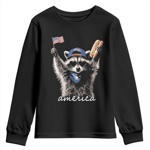 Funny America Raccoon Happy 4th of July Youth Sweatshirt Holding Hotdog and US Flag Patriotic Graphic