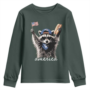 Funny America Raccoon Happy 4th of July Youth Sweatshirt Holding Hotdog and US Flag Patriotic Graphic