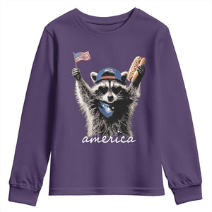 Funny America Raccoon Happy 4th of July Youth Sweatshirt Holding Hotdog and US Flag Patriotic Graphic