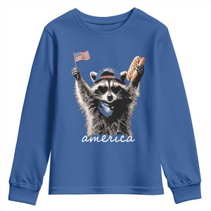 Funny America Raccoon Happy 4th of July Youth Sweatshirt Holding Hotdog and US Flag Patriotic Graphic