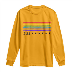 Retro Rainbow Ally Distressed Stripes Graphic Long Sleeve Shirt LGBTQ Support Pride Month