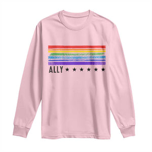 Retro Rainbow Ally Distressed Stripes Graphic Long Sleeve Shirt LGBTQ Support Pride Month