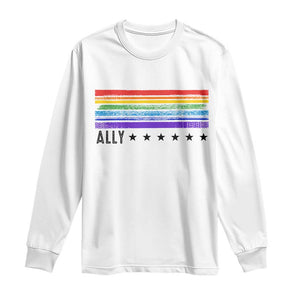 Retro Rainbow Ally Distressed Stripes Graphic Long Sleeve Shirt LGBTQ Support Pride Month