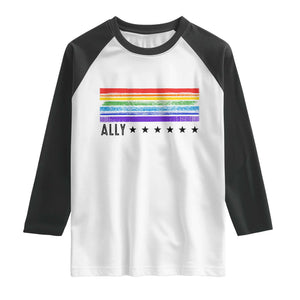 Retro Rainbow Ally Distressed Stripes Graphic Raglan Shirt LGBTQ Support Pride Month