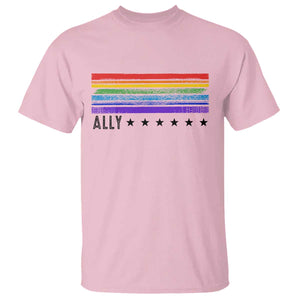 Retro Rainbow Ally Distressed Stripes Graphic T Shirt LGBTQ Support Pride Month