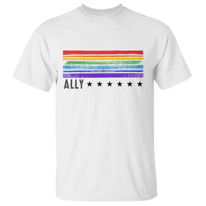 Retro Rainbow Ally Distressed Stripes Graphic T Shirt LGBTQ Support Pride Month